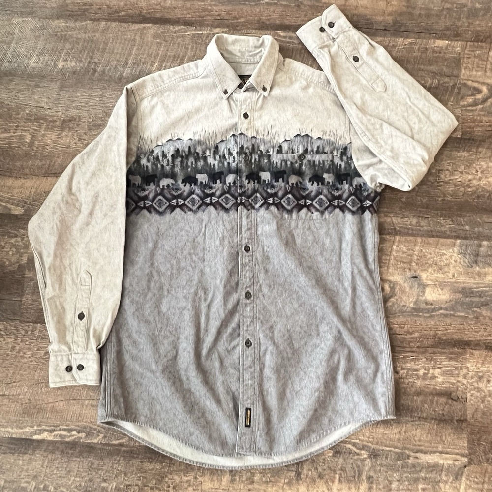 VTG Woolrich Southwestern Bear Print Chamois Shirt Mens Large Beige Multi Rustic